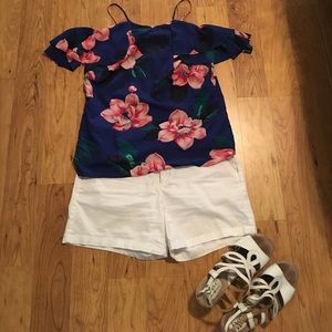 Blue floral off shoulder strap blouse