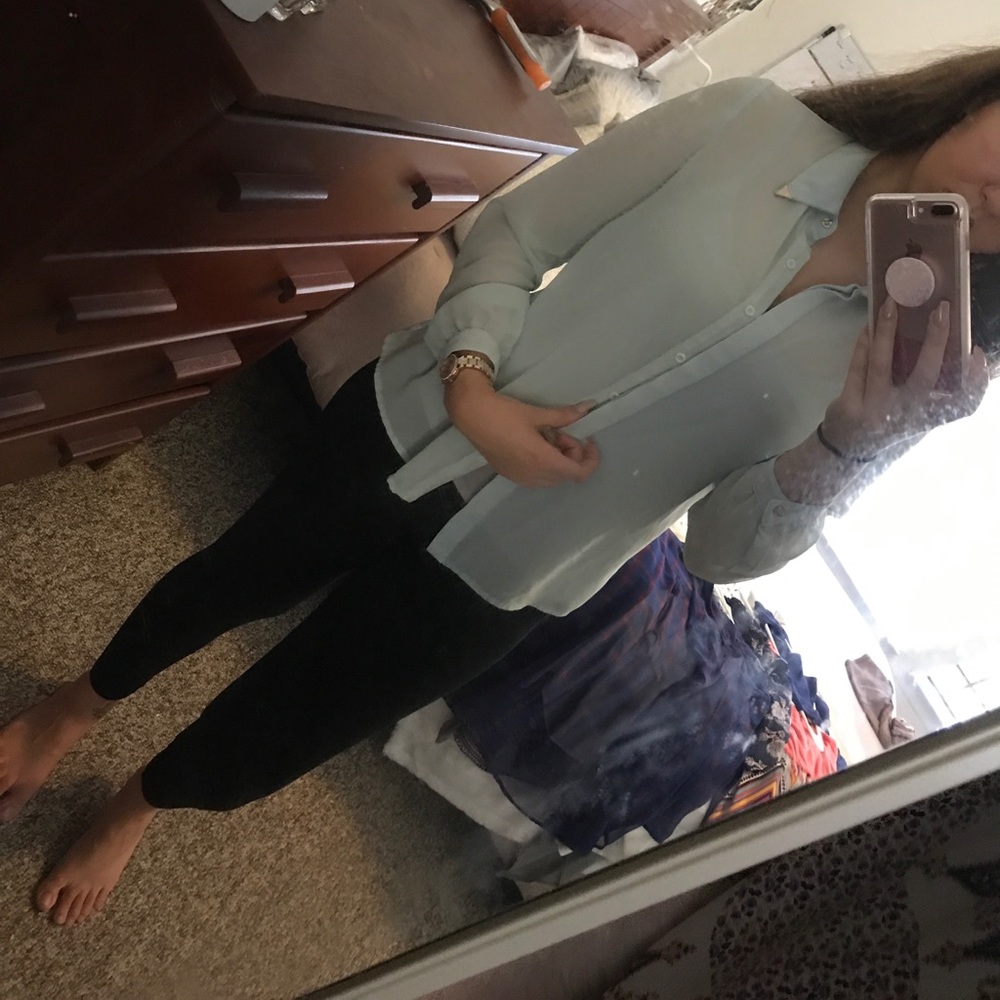 Sheer light blue button up blouse