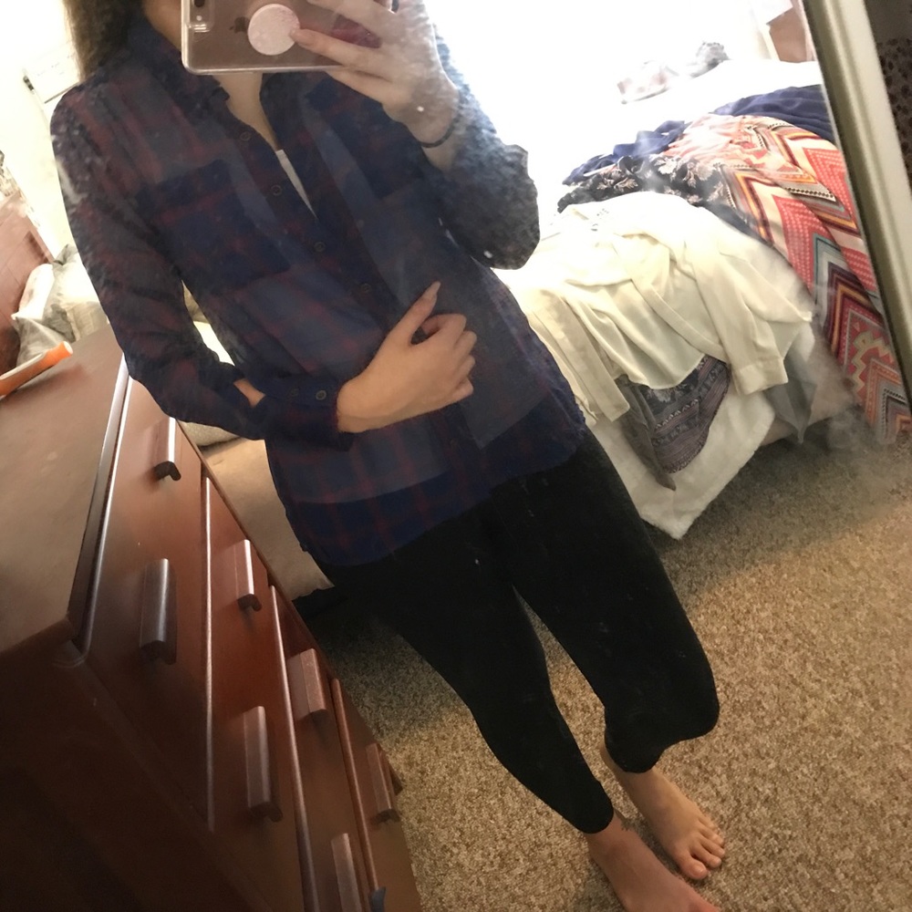 Sheer blue and purple button up
