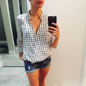 White & Blue Surplice Neckline Long Sleeve