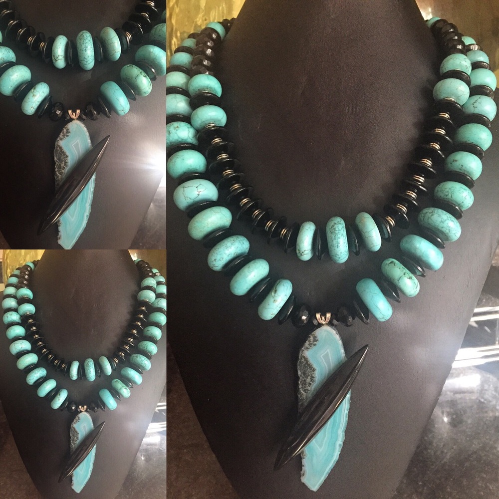 Turquoise and Onyx Double Strand Necklace