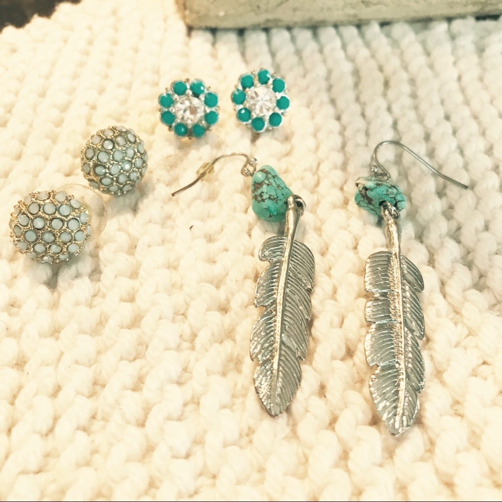 Turquoise stud and dangle earrings Set of 3 - Picture 1 of 3