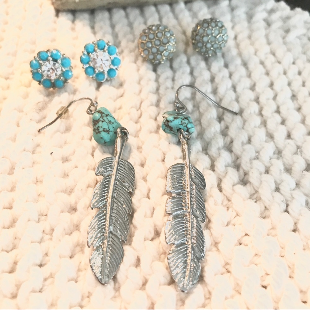 Turquoise stud and dangle earrings Set of 3 - Picture 2 of 3