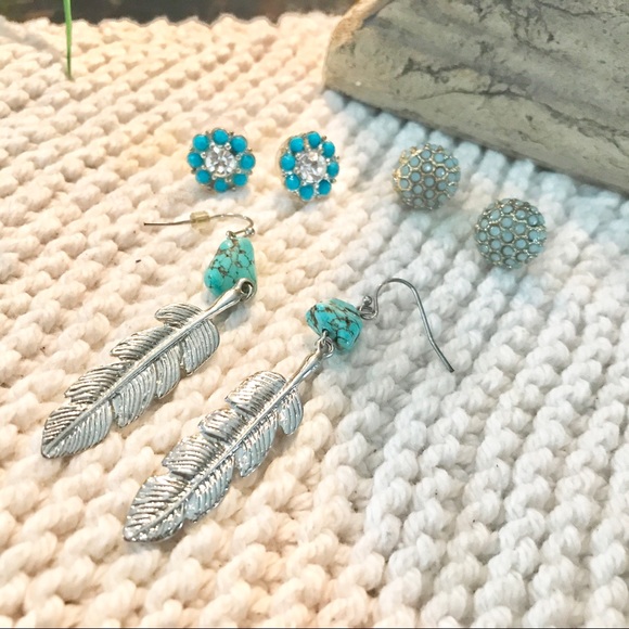 Turquoise stud and dangle earrings Set of 3 - Picture 3 of 3