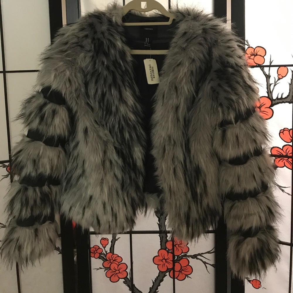 Grey, White, Black Faux Fur Coat w Pleather Detail
