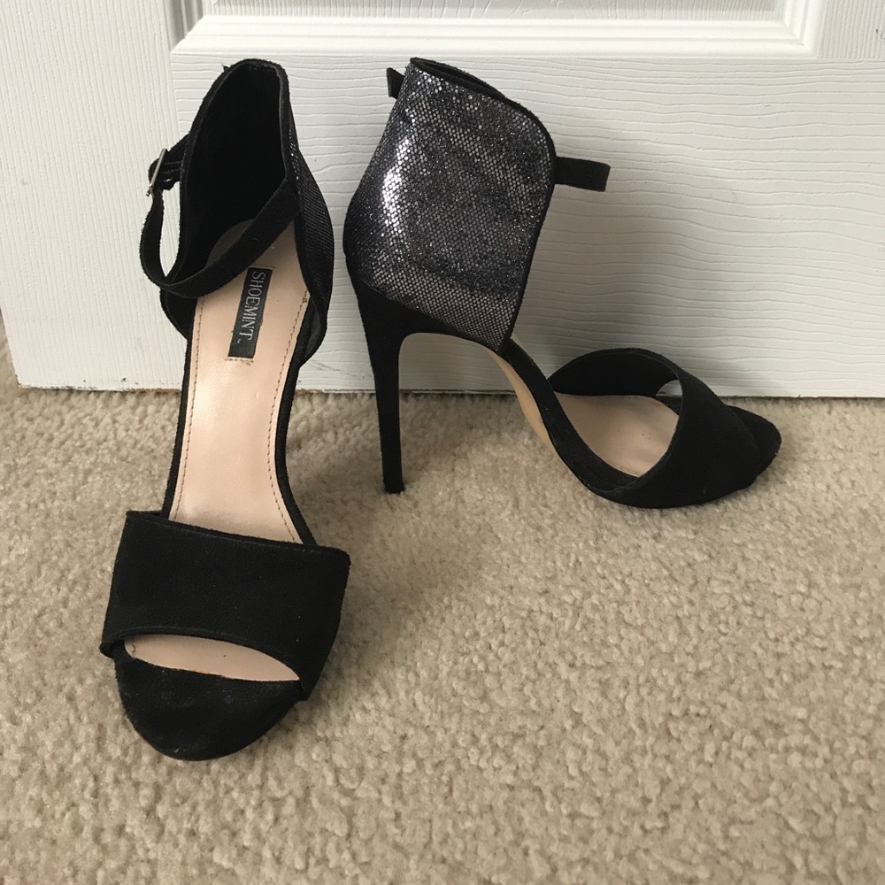 Open toe black stilettos w/ silver ankle back
