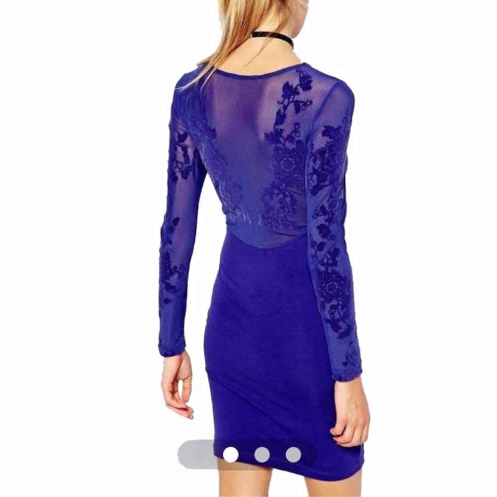Cobalt Blue Bodycon Floral Mesh Sleeves Dress Sz M