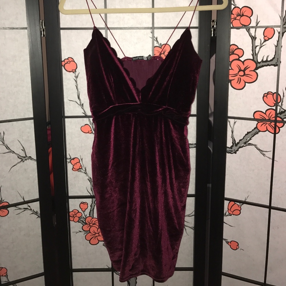Wine Velvet Scalloped Neckline Mini Dress