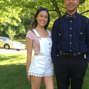 White jean overall with frill detail 