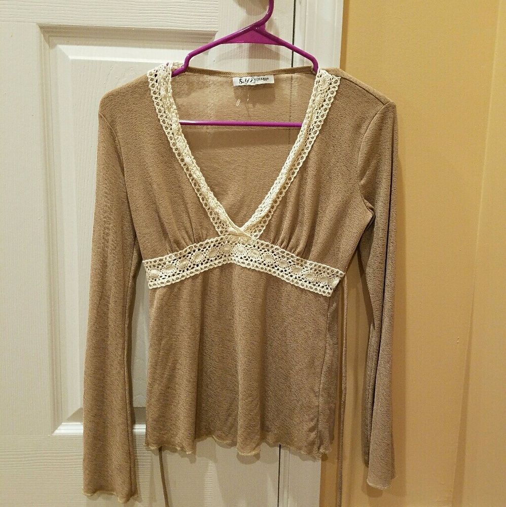 Tan white crochet neckline bell sleeve top