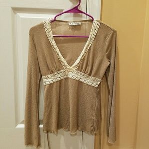 Tan white crochet neckline bell sleeve top