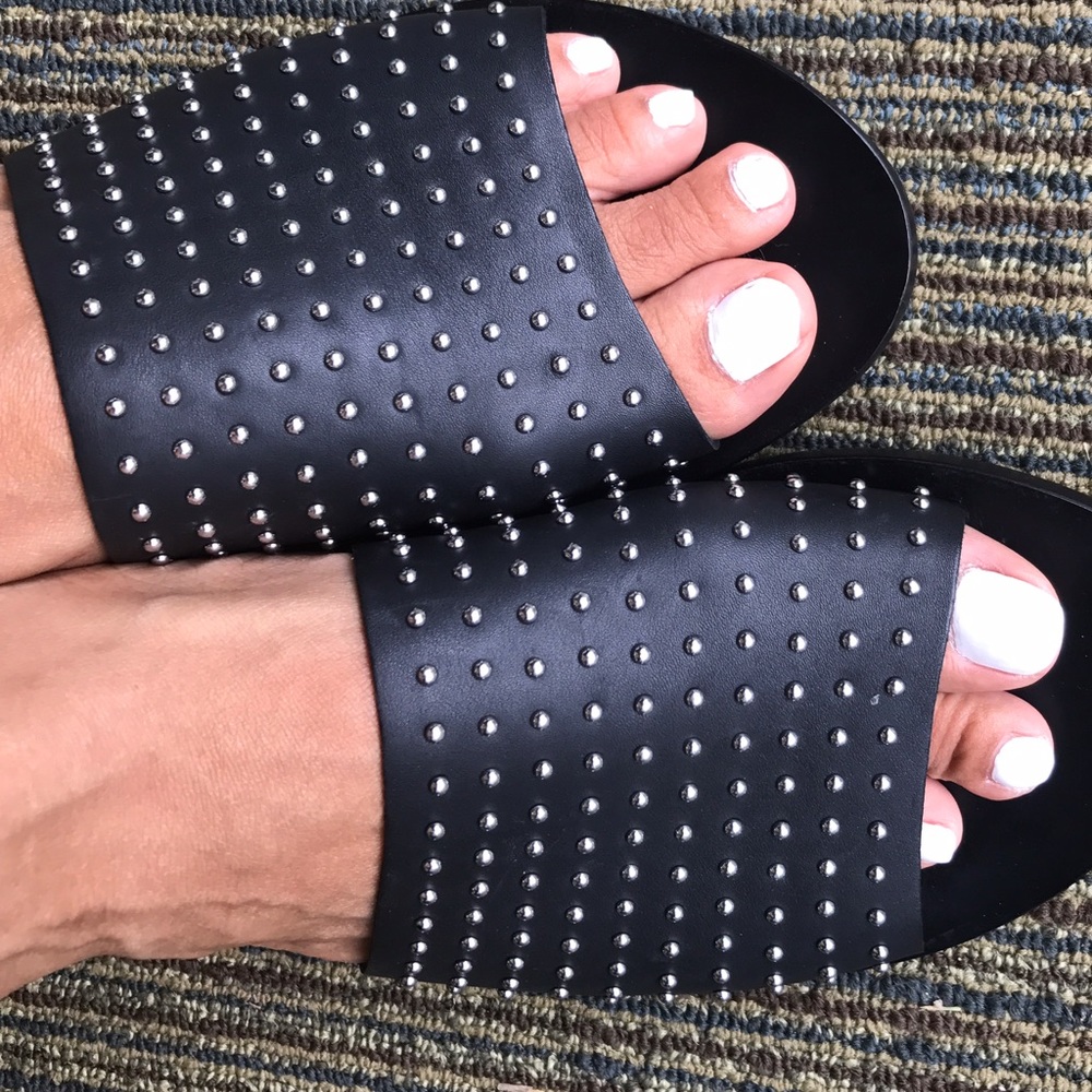 SOL SANA Black Leather Slides w/Silver Studs