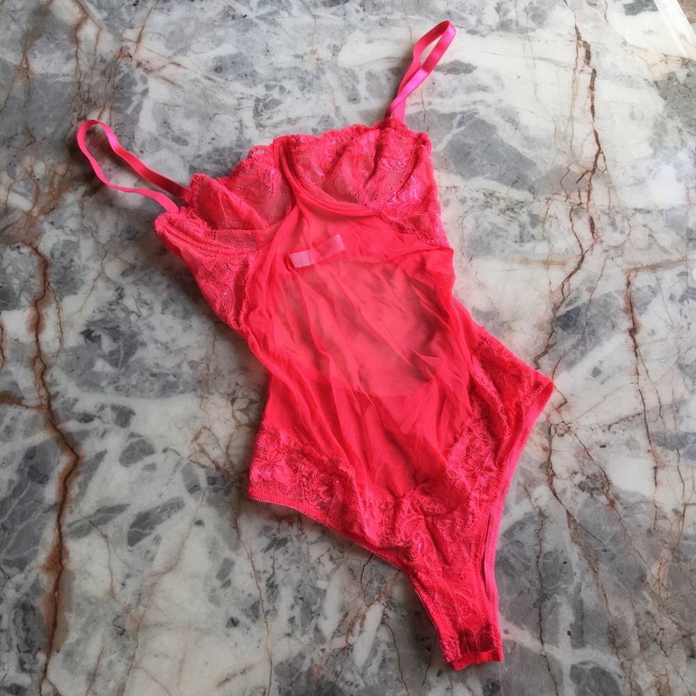 HOT PINK LACE MESH BODYSUIT