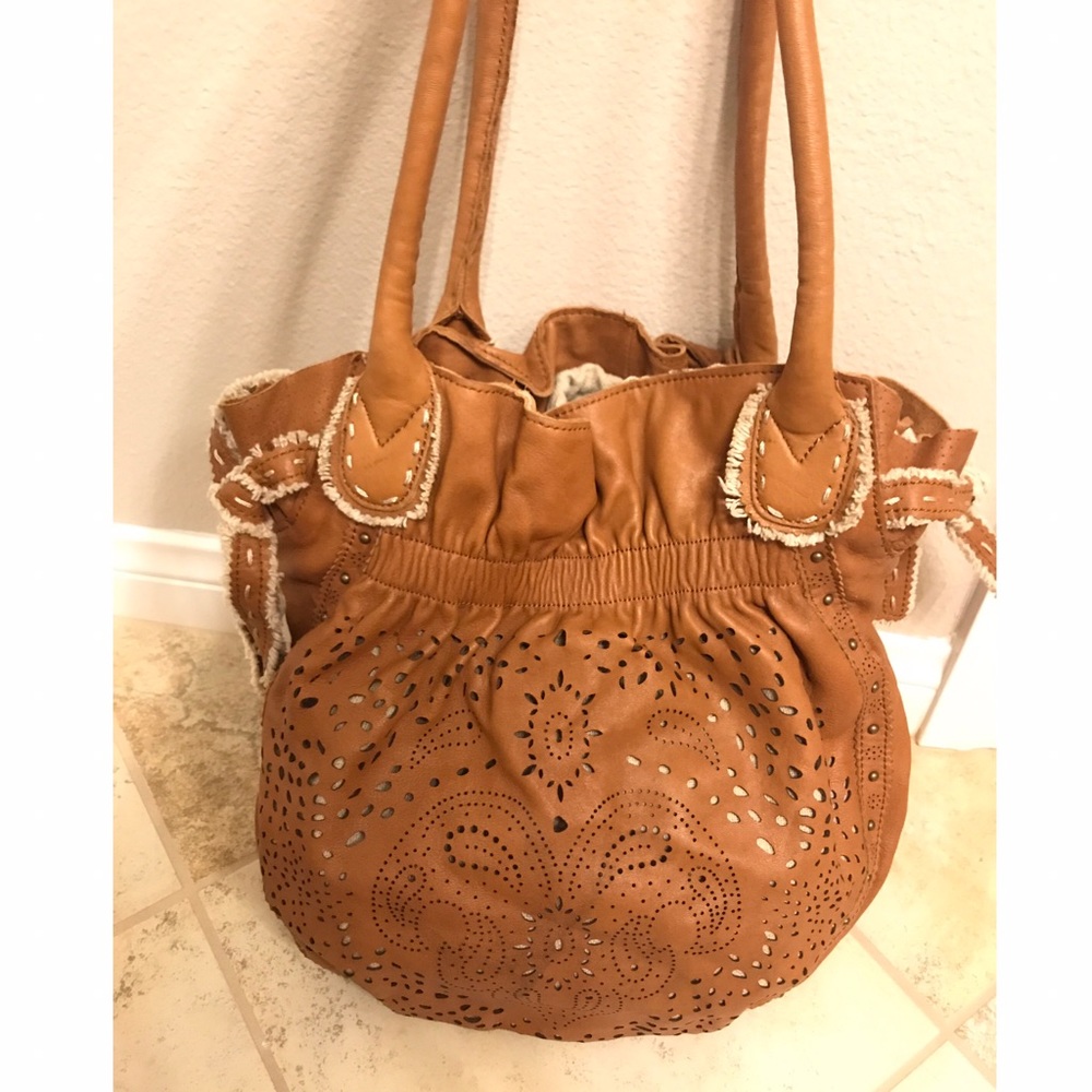Anthropologie Lucky Penny Cognac Laser Cut Hobo