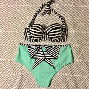 Mint Pin-up Style Bow Back High Waist Swimsuit Set