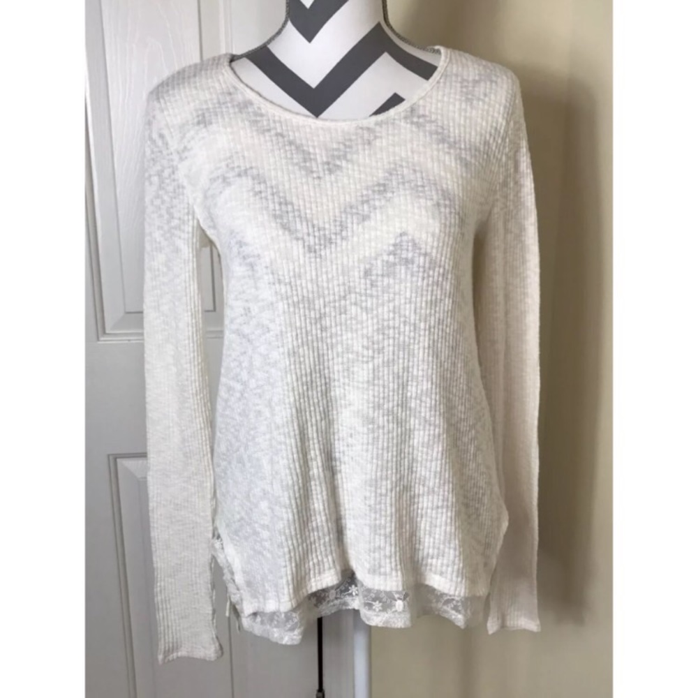 Anthropologie Ro & Dr Cream L/S Lace Lined Ribbed Blouse Size S