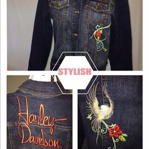 Harley Davidson Embroidered Denim Jacket Size L