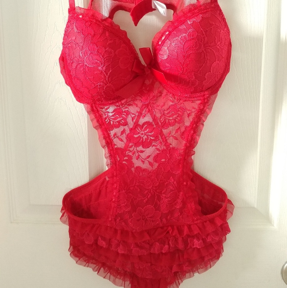 Red ruffle and lace teddy