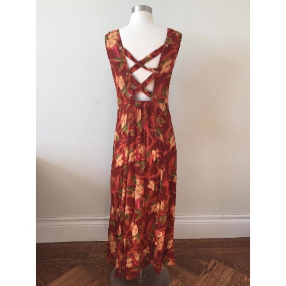 80s Vintage Floral Print Ribbed Tribal maxi Dress