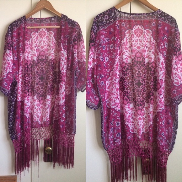 New! Boho Bohemian Violet Festival Fringe Kimono - Picture 7 of 8