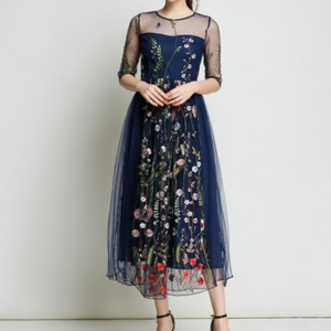 Navy Floral-Overlay Midi Dress-NWT