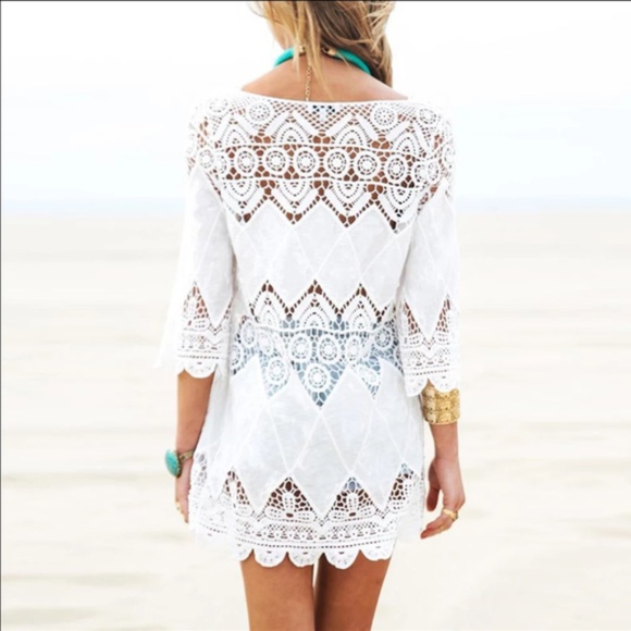 White Lace Beach Bikini Coverup Sexy Tunic Dress - Picture 4 of 7