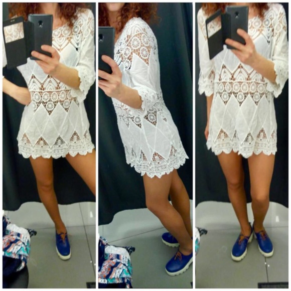 White Lace Beach Bikini Coverup Sexy Tunic Dress - Picture 7 of 7