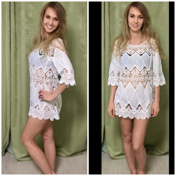 White Lace Beach Bikini Coverup Sexy Tunic Dress - Picture 6 of 7