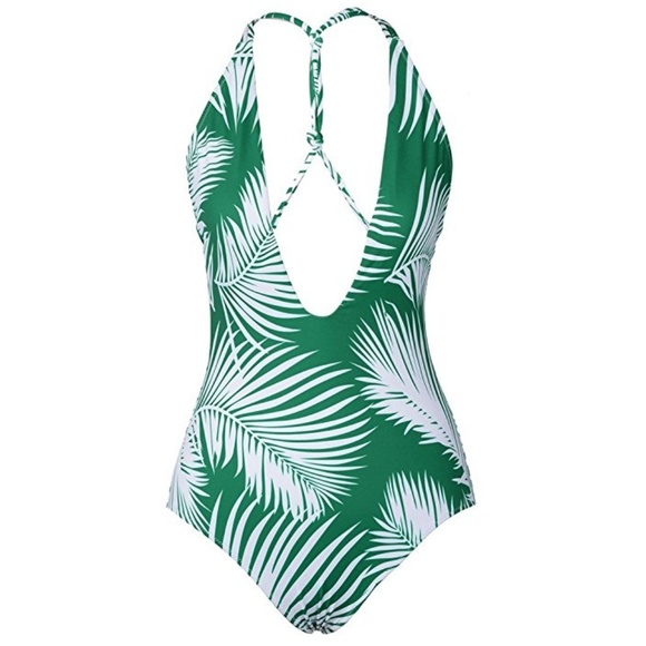 Palm Leaf Deep V neck one piece swimsuit, size L - Picture 1 of 5