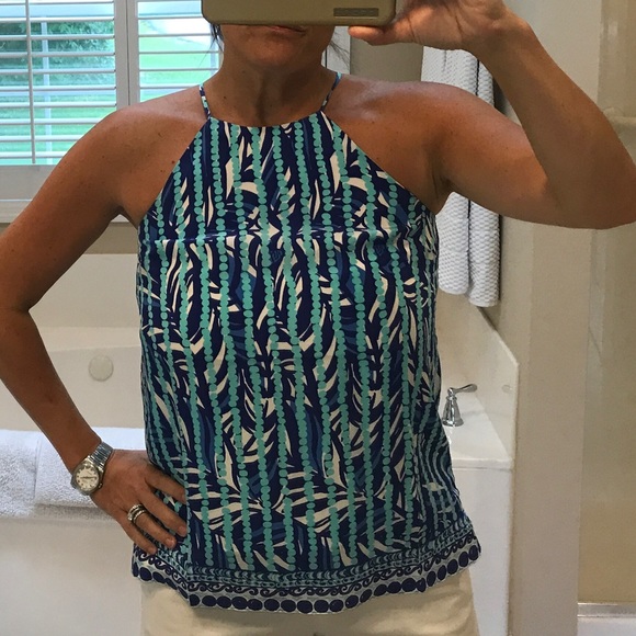 Lilly Pulitzer Tops - Lilly Pulitzer blue/turq print high neck Slvls sml