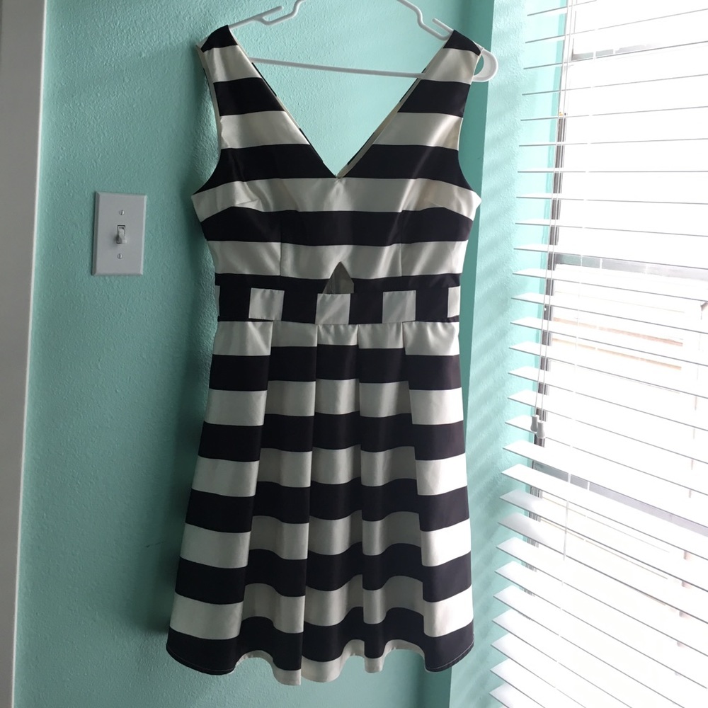 Cream and black striped dress.