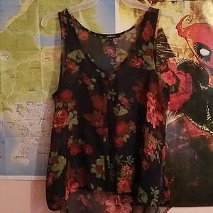 Sheer Navy & Roses High-Low Tank