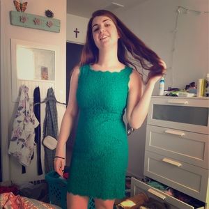 Emerald lace embroidered sheath dress