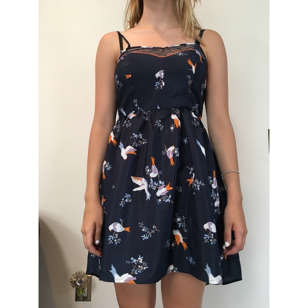 Navy High Low Dress with Bird Pattern