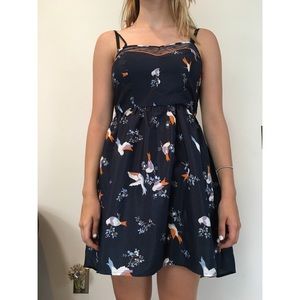 Navy High Low Dress with Bird Pattern