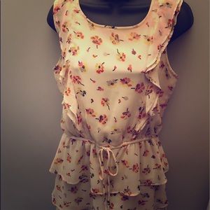 Ivory chiffon ruffle dress with floral print