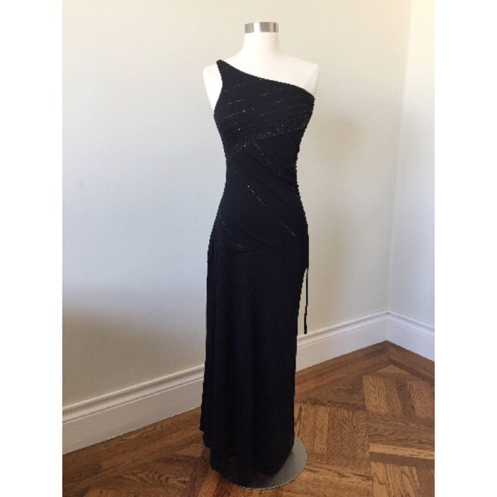 Vintage one-shoulder black cocktail maxi dress