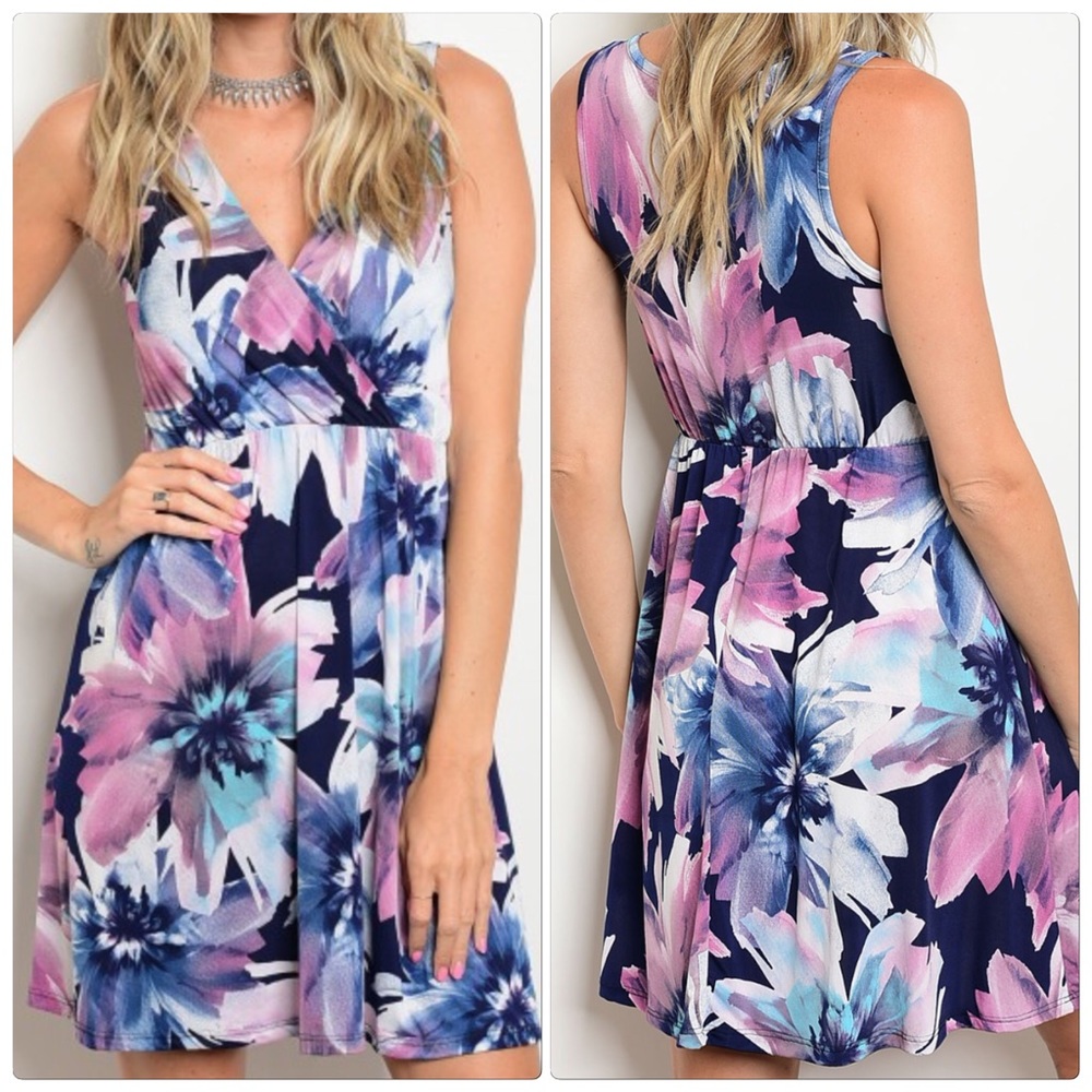Navy Purple Floral Print Dress