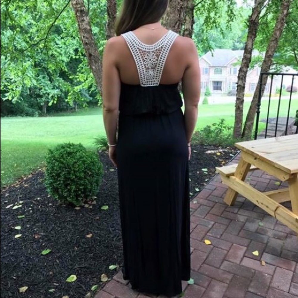 Black maxi dress with floral crochet back!