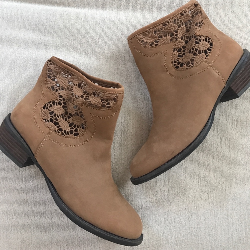 Tan Suede Booties with Islet Lace accents