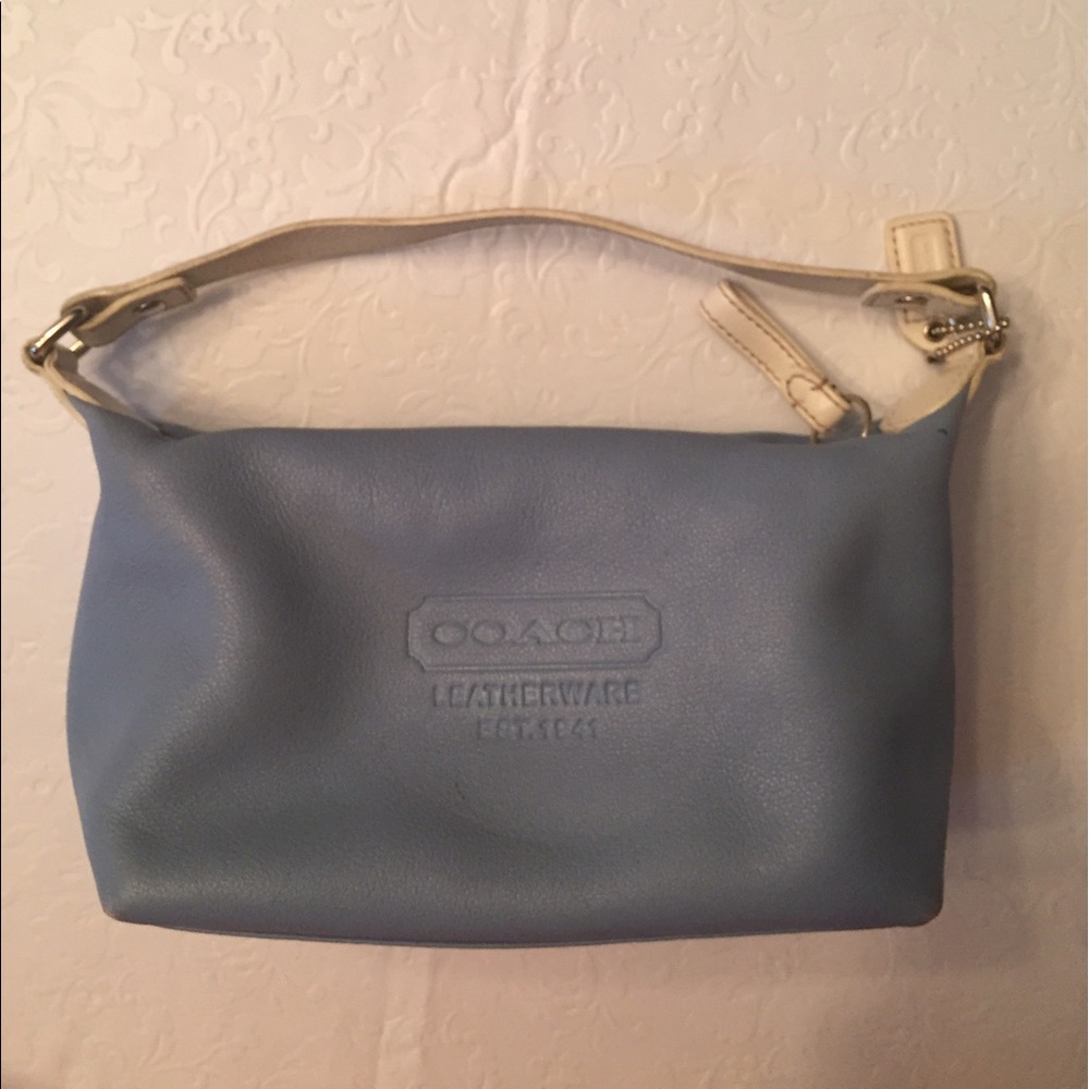 Blue and white leather coach bag