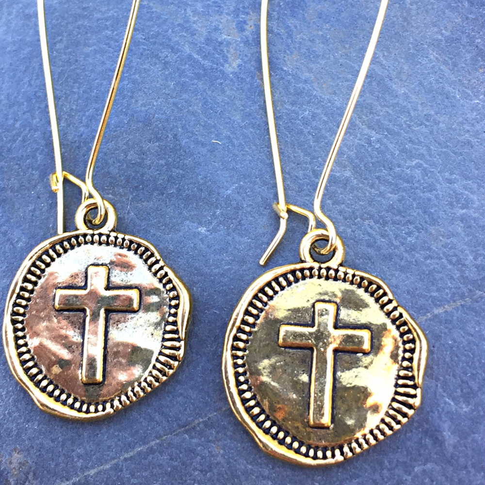 Gold Stamped Coin Cross Earrings