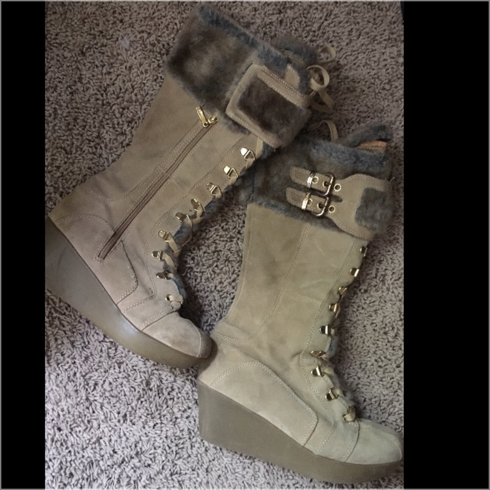 Report faux fur tan, gray & gold wedge boots