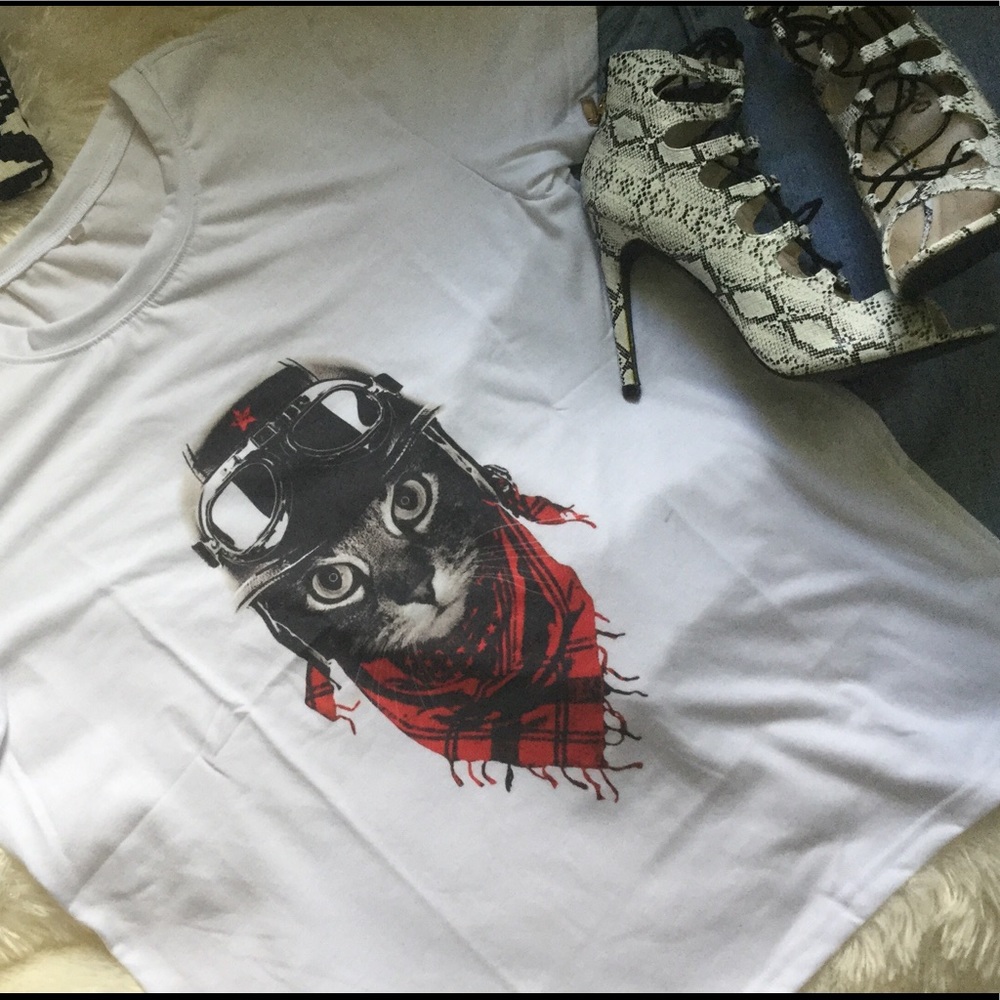 AVIATOR/ BIKER CAT SOFT GRAPHIC TEE WITH APPLIQUÉ - Picture 4 of 8