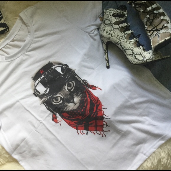 AVIATOR/ BIKER CAT SOFT GRAPHIC TEE WITH APPLIQUÉ - Picture 4 of 8