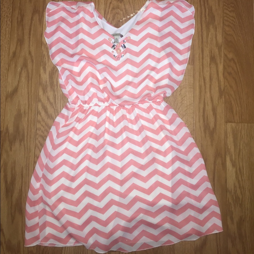 peach and white chevron dress