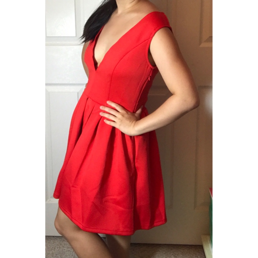 Red plunging neckline dress