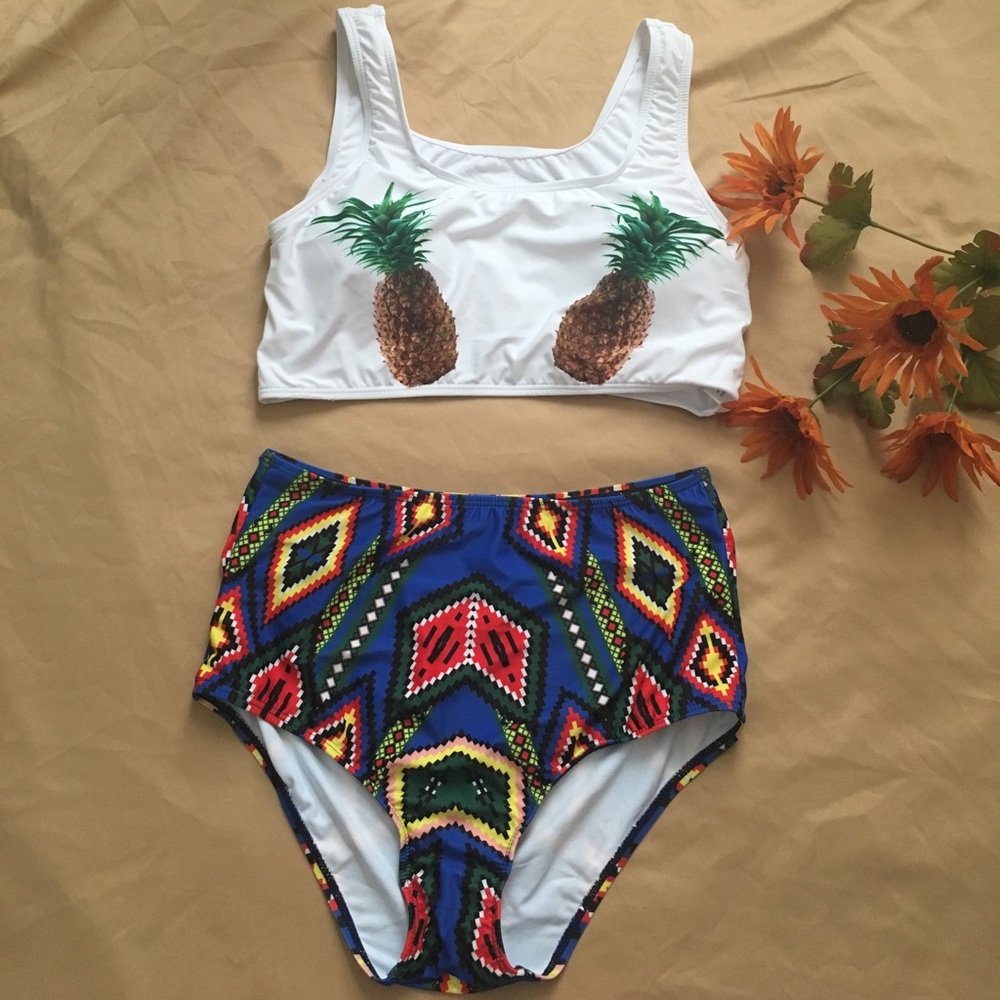 High Waist Argyle Pineapple Bathing Suit-White XL