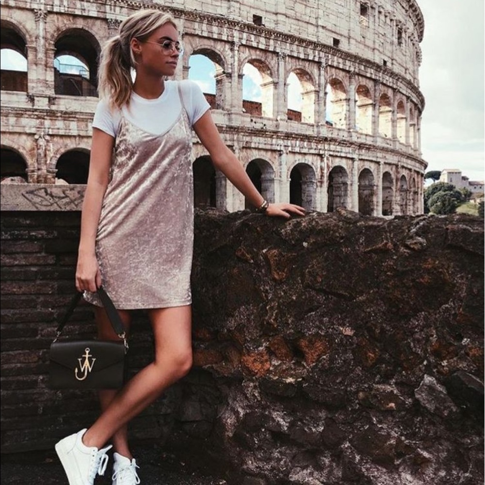 Pink and creamy/tan colour velvet dresses