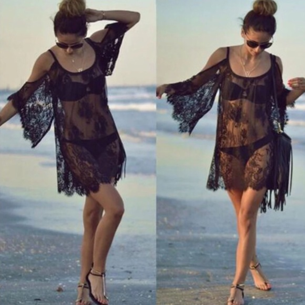 Sexy Summer Hippie Short Sheer Beach Dress-Black